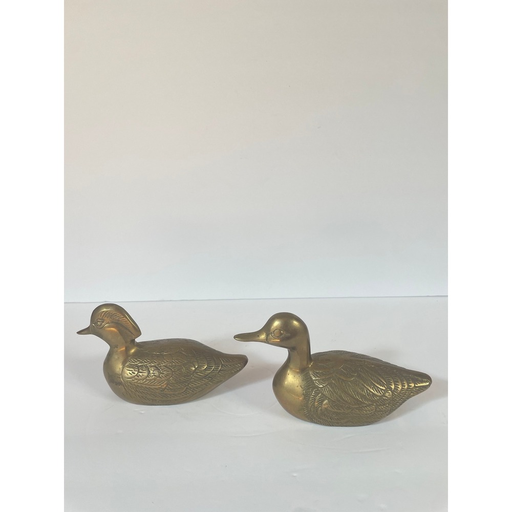 Vintage Solid Brass Duck Figurines Set of 2 MCM Mallard Waterfowl Decor